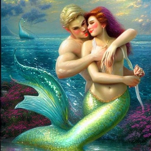 Seductive Merman and Mermaid Couple in Oil Painting Style