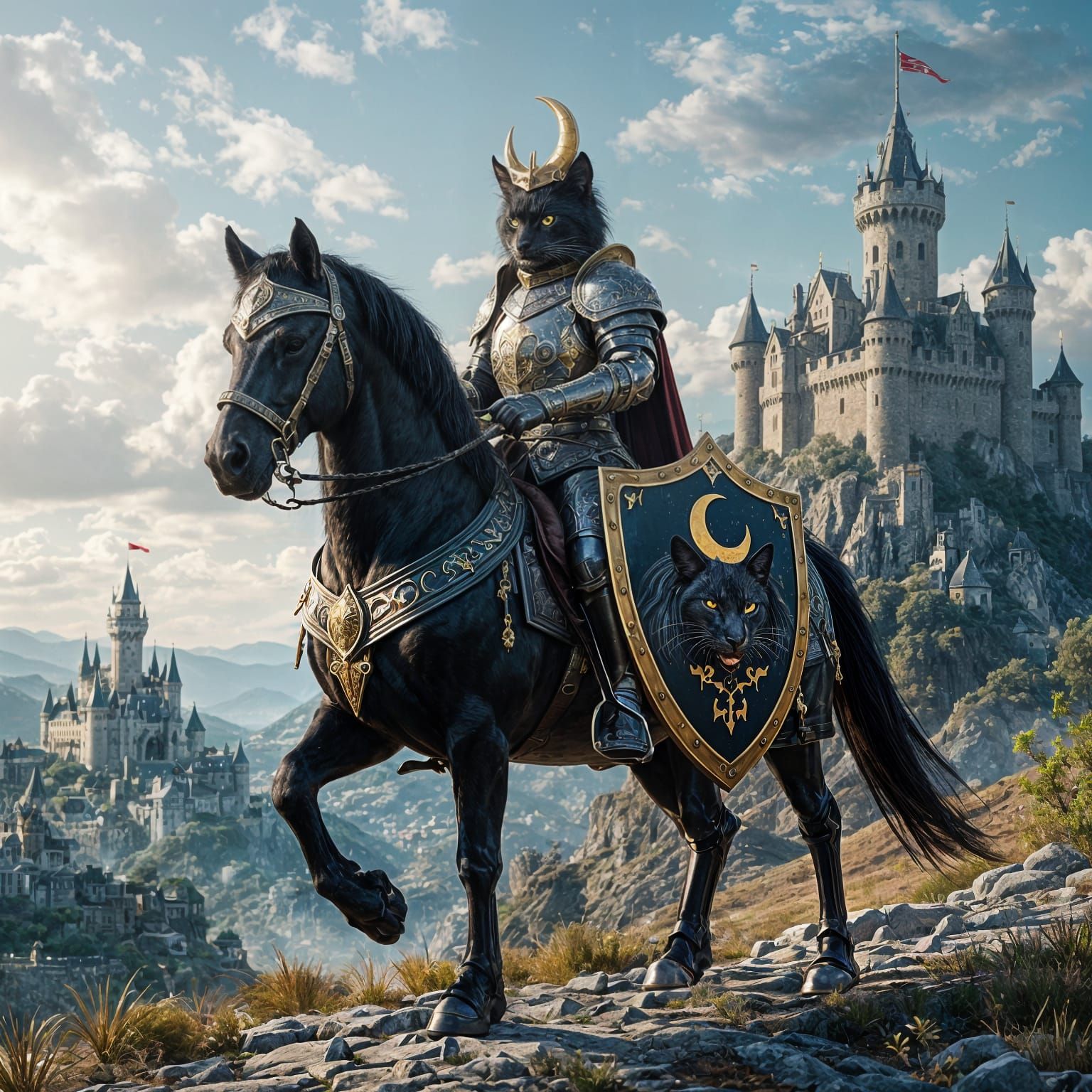 Armored Cat Knight on Friesian War Horse