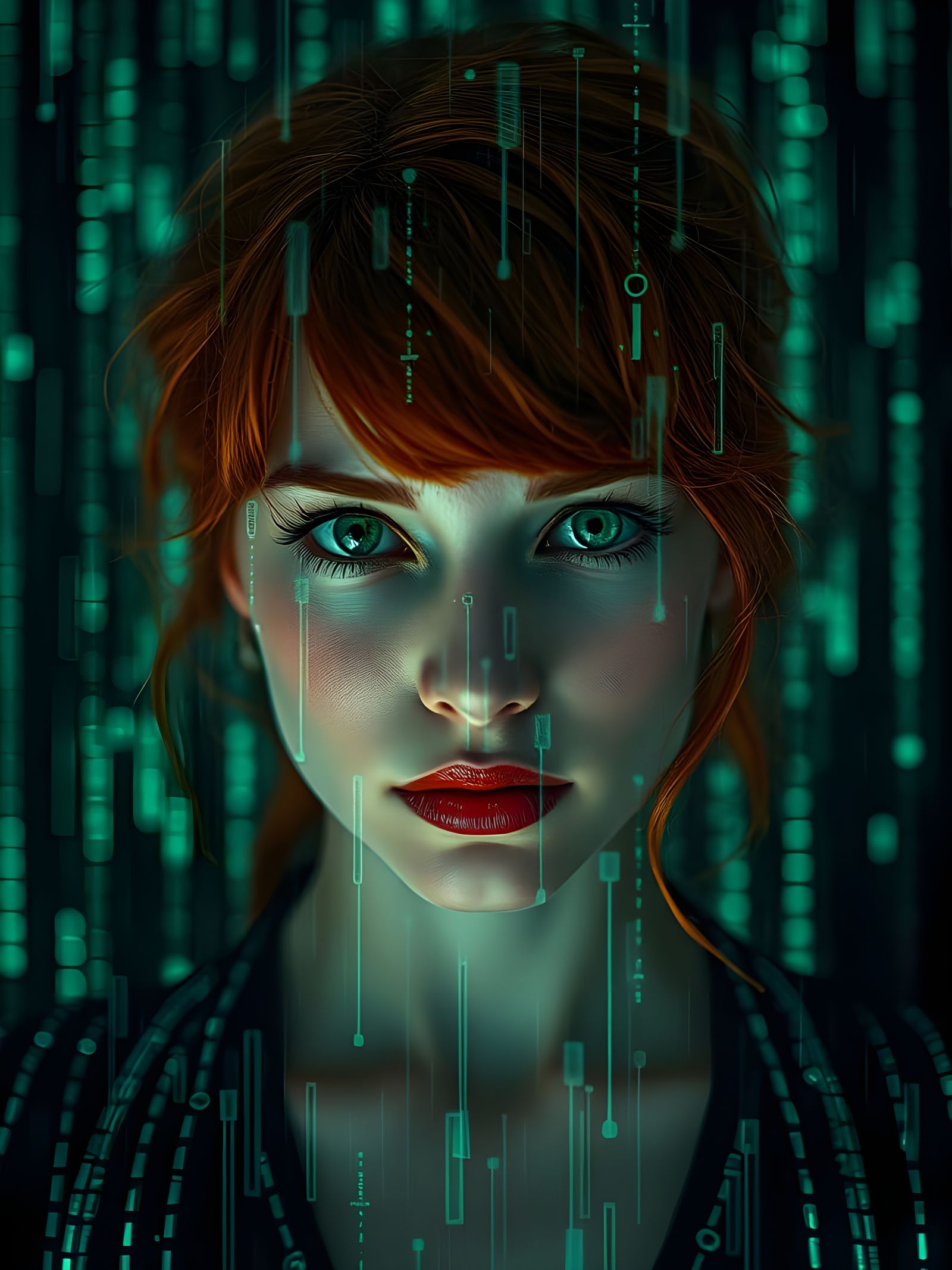 Glowing Emerald Eyes in Cyberpunk Haze