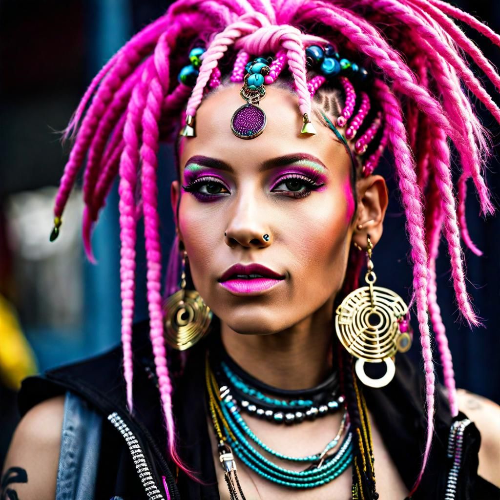 Woman with Pink Dreads in Hip-Hop Splatterpunk Style
