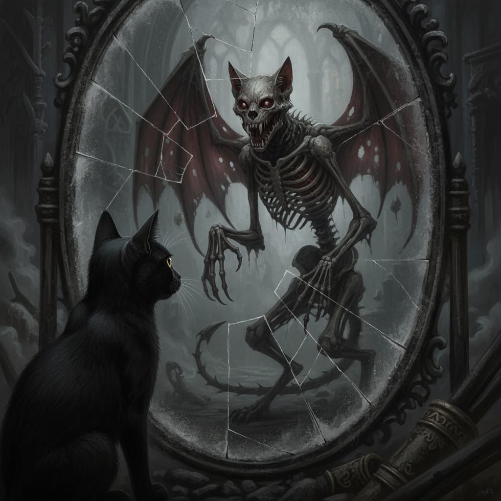 Skeletal Cat Reflection in Dusty Mirror