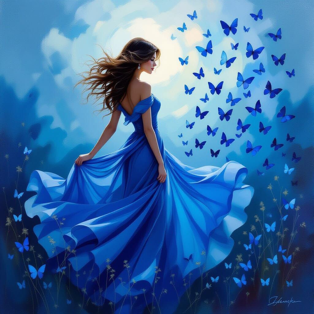 Woman Transforms Into Blue Butterflies Oil Painting