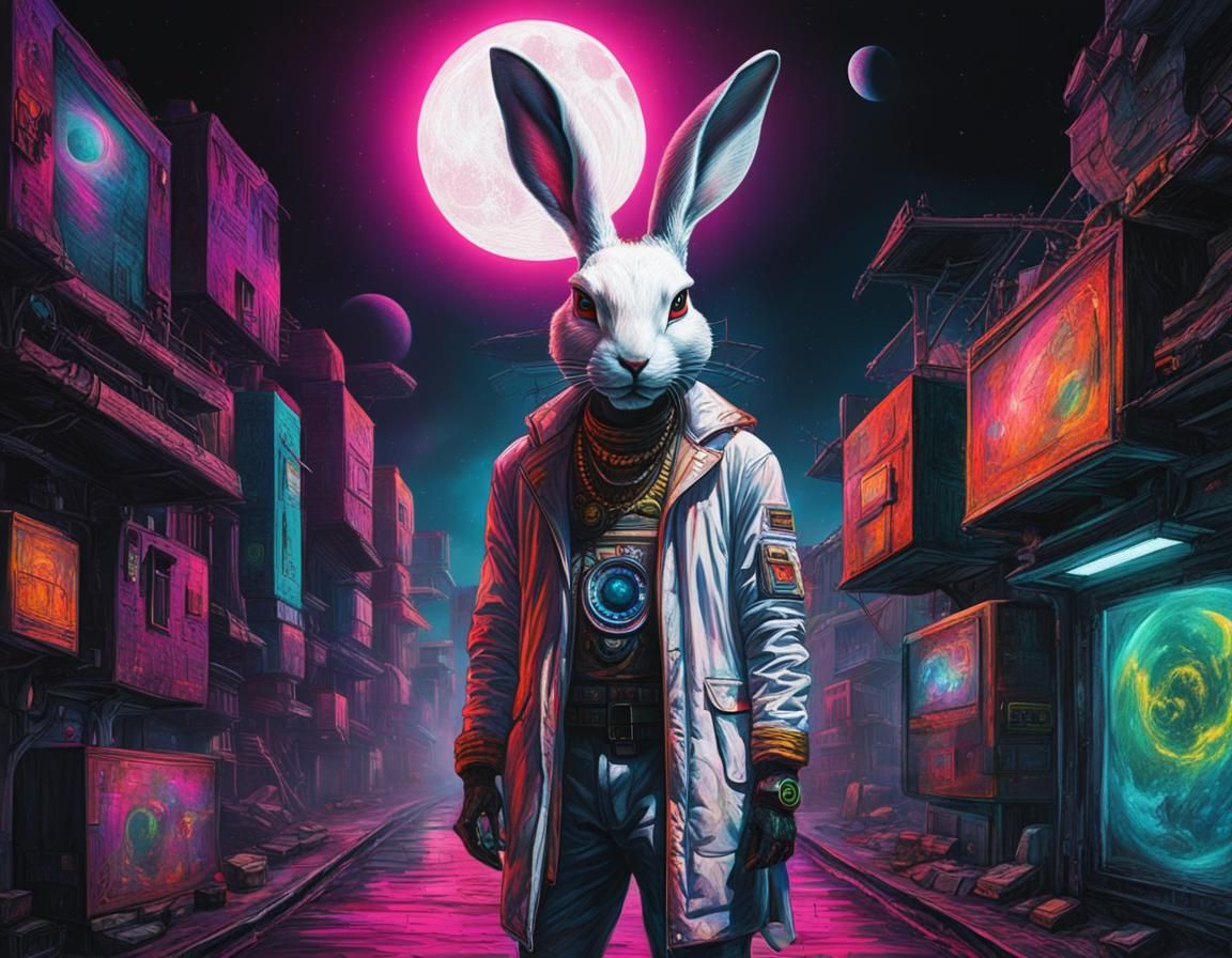 White Rabbit in Occult Cyberpunk Concept Art