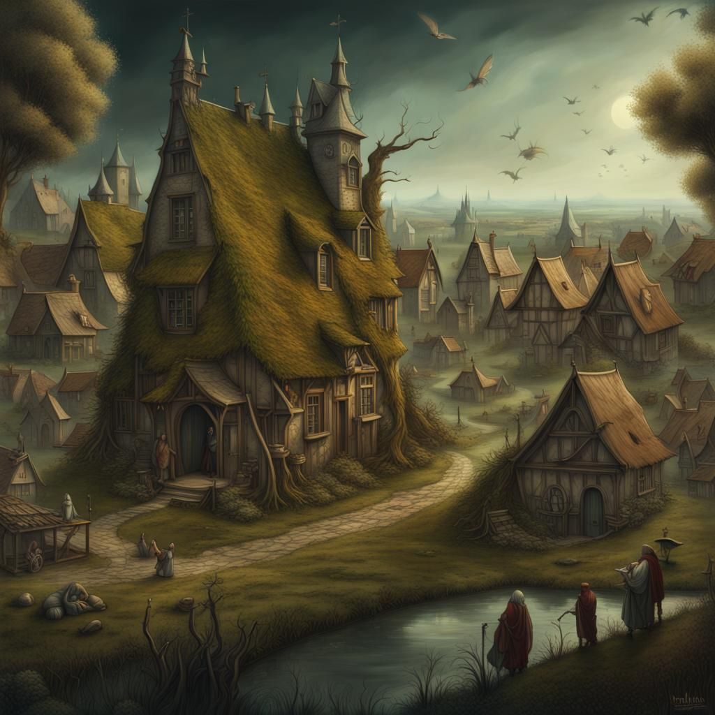 Haunted Village with Giant Creature in Dark Fantasy Style