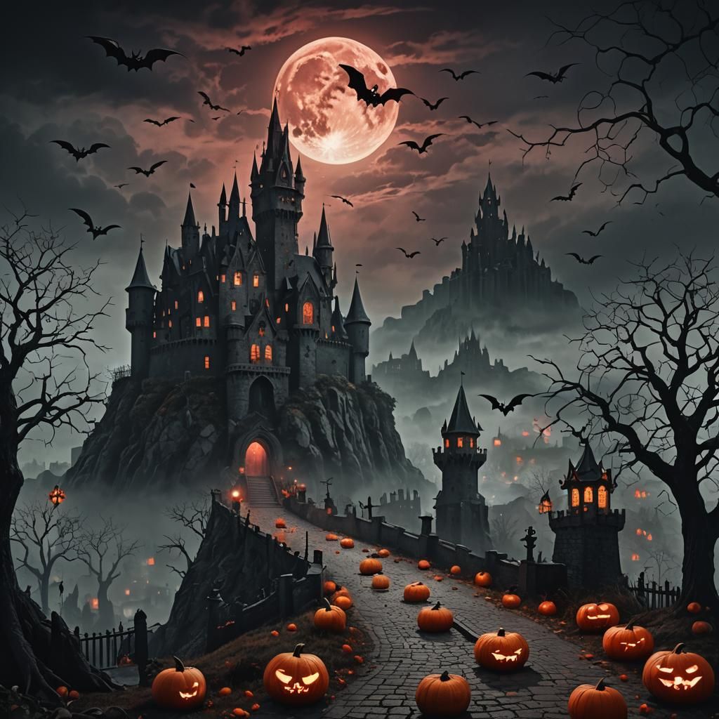 Spooky Castle Landscape in Gothic Fantasy Style