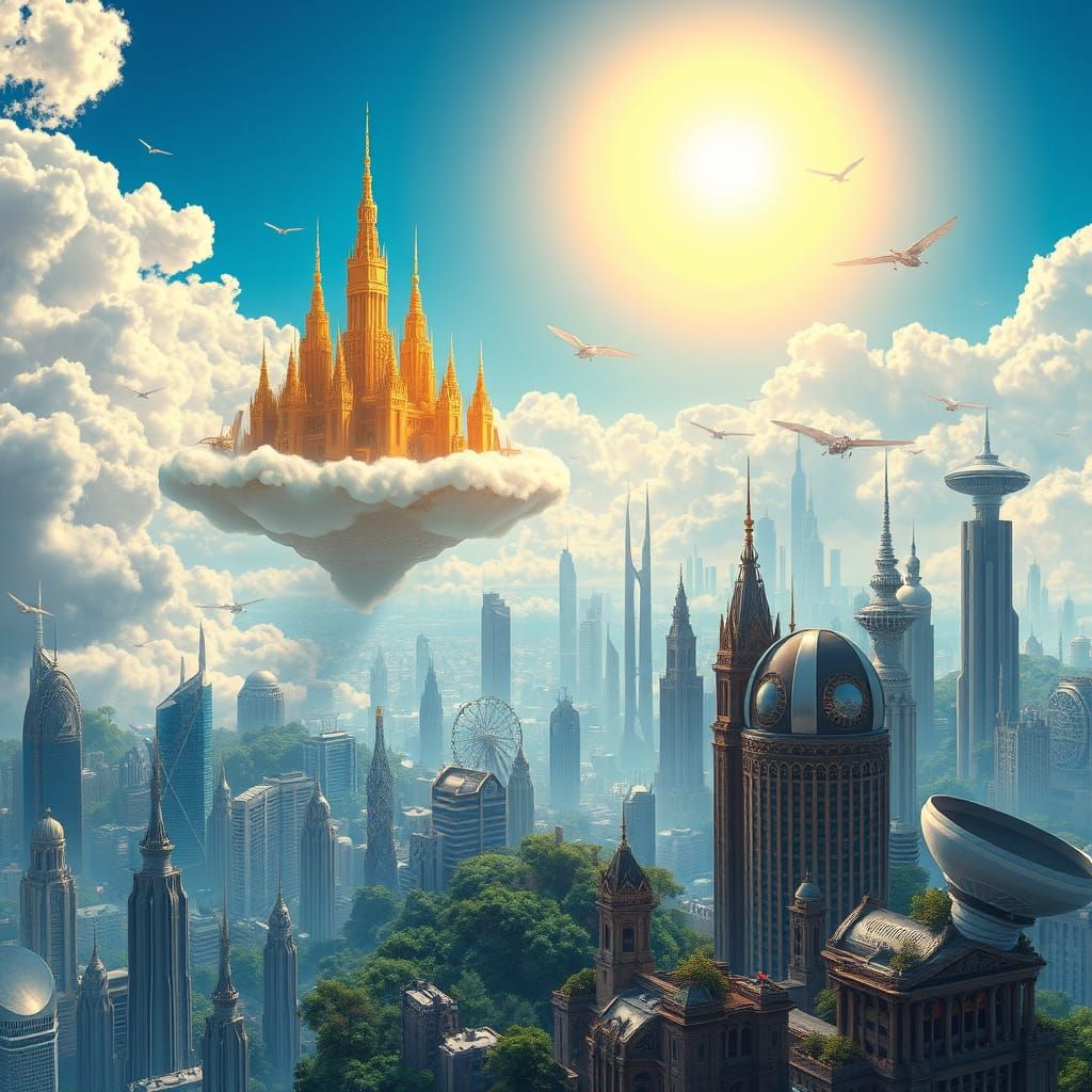 Glowing Gold Metropolis on Clouds, Overlooking Shimmering Si...