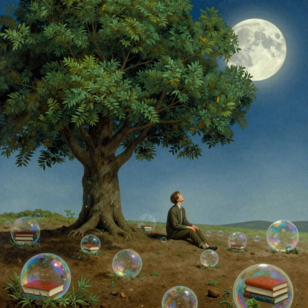 Surrealist Vision: Books Ascend to Moon