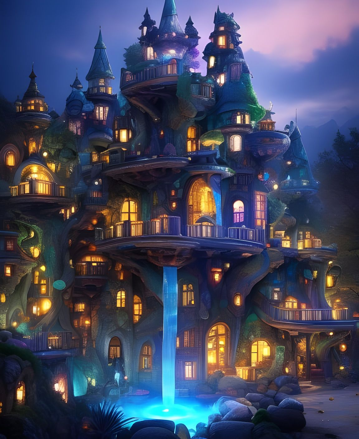 Multi-tiered castle with glowing blue waterfall