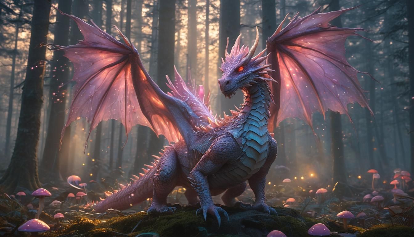 Dragon in Misty Forest with Glowing Mushrooms