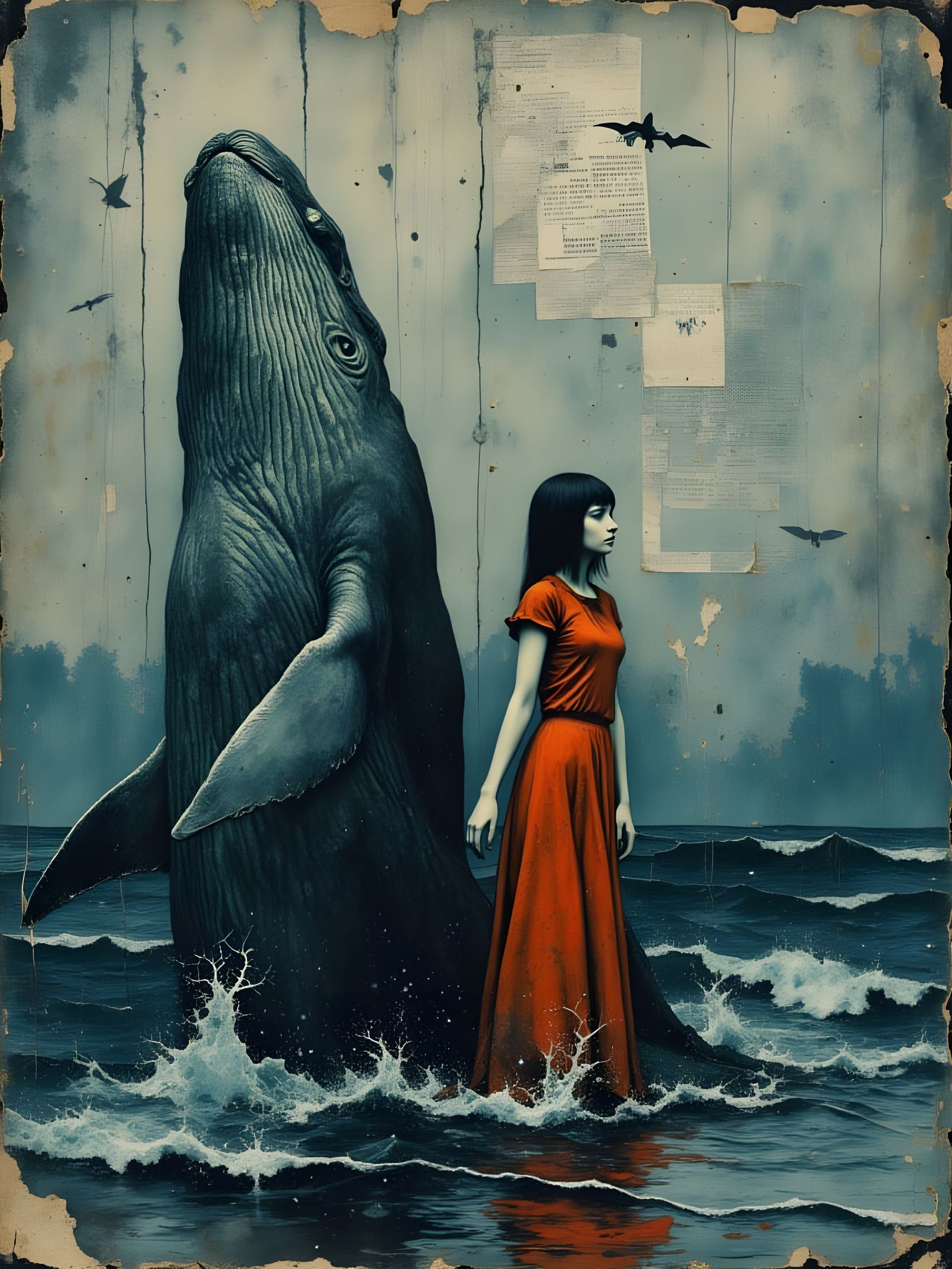 Woman and Whale in Moody Ocean Landscape