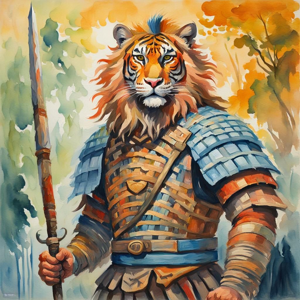 Anthropomorphic Tiger Warrior in Gouache Watercolor Style