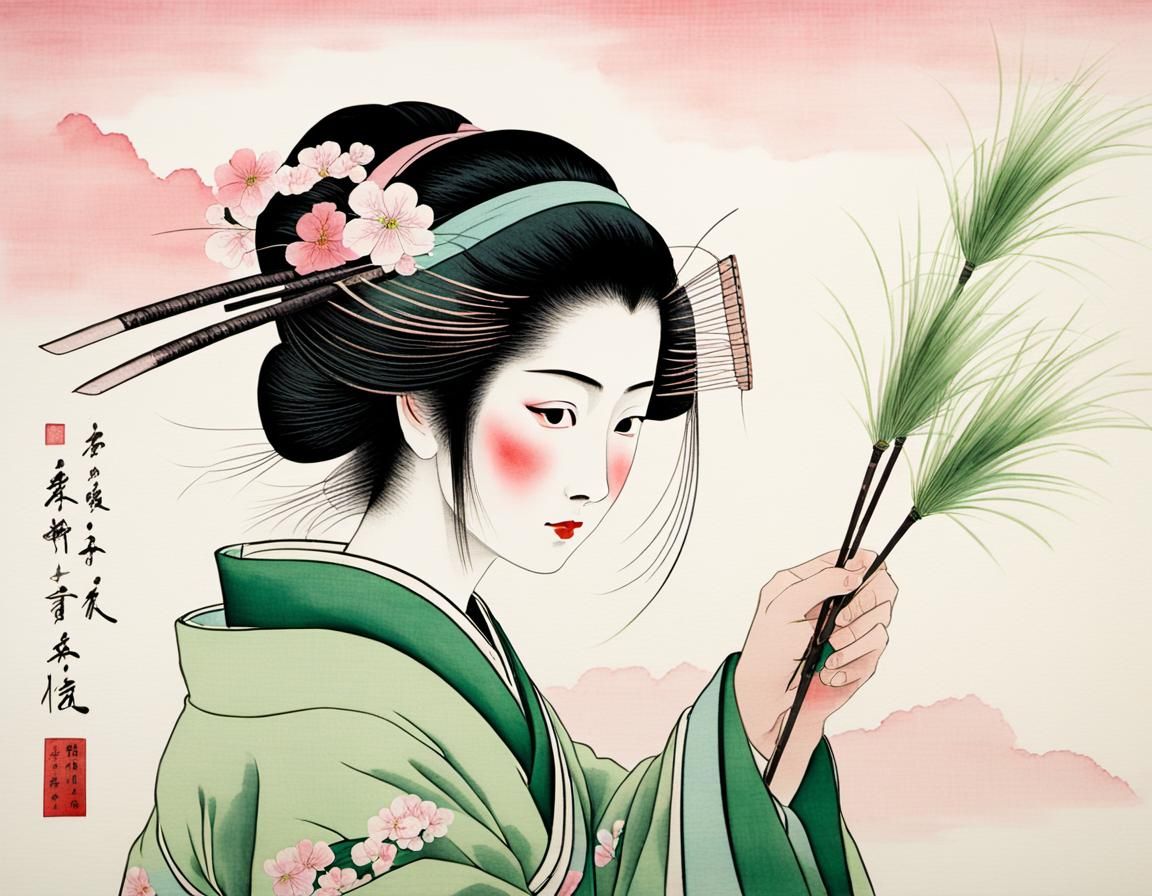 Ukiyo-e Hand Holding Grass Blades in Watercolor