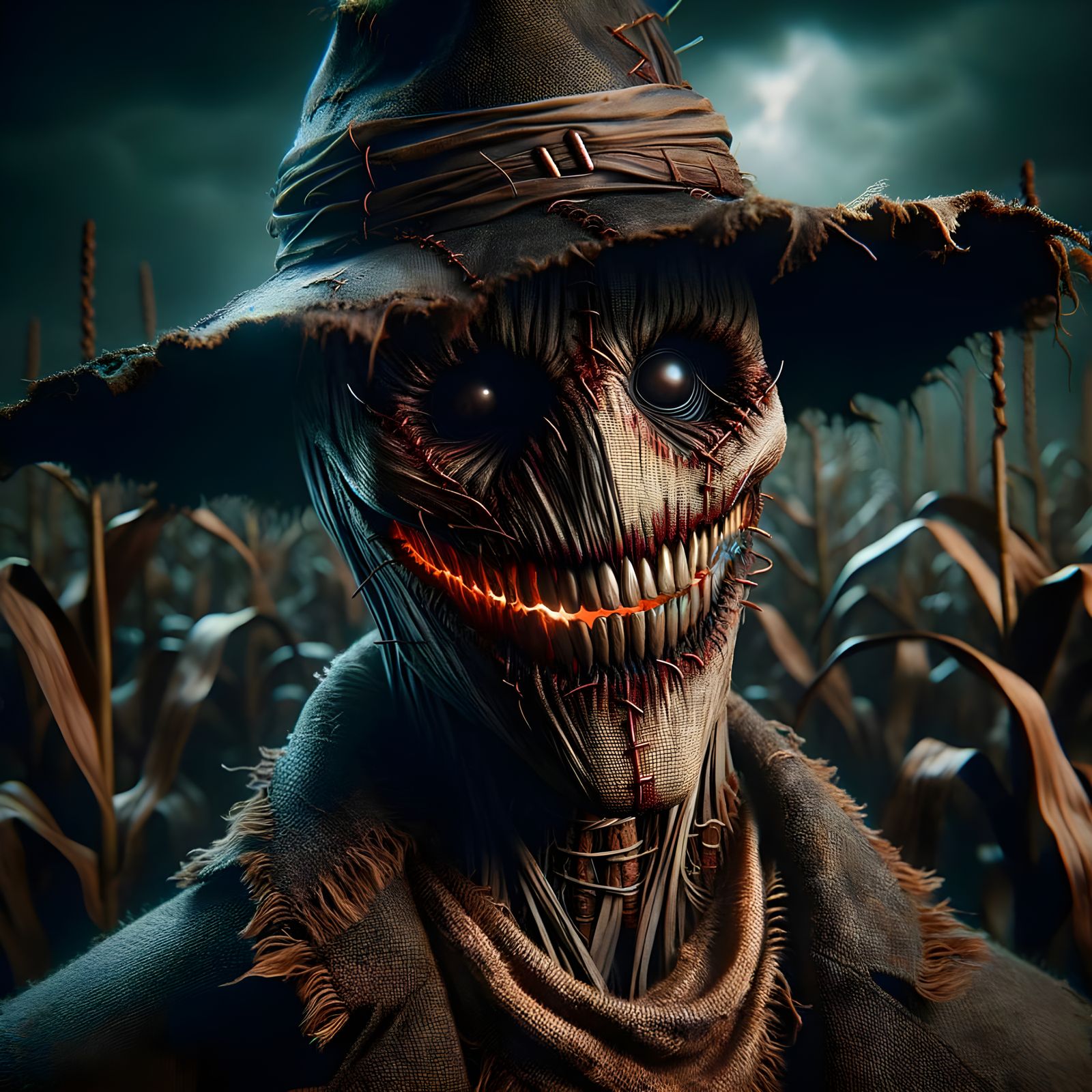 Terrifying Scarecrow Grins with Malevolent Eyes in Gothic Ho...