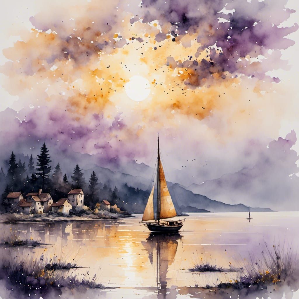 Dawn Seascape with Sailing Boat in Watercolor Style
