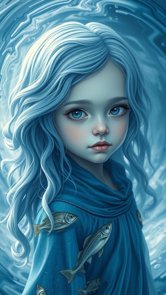 Surreal Blue-Haired Girl Amidst Aquatic Wonders