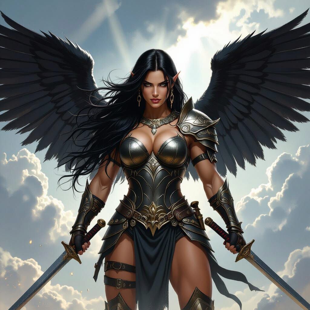 Muscular Female Aasimar Warrior with Dark Wings and Katanas