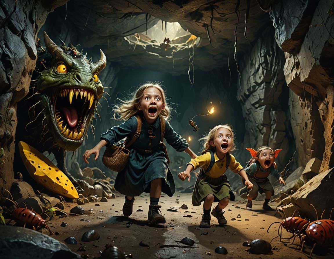 Warty Witch Chasing Children in Dank Cave