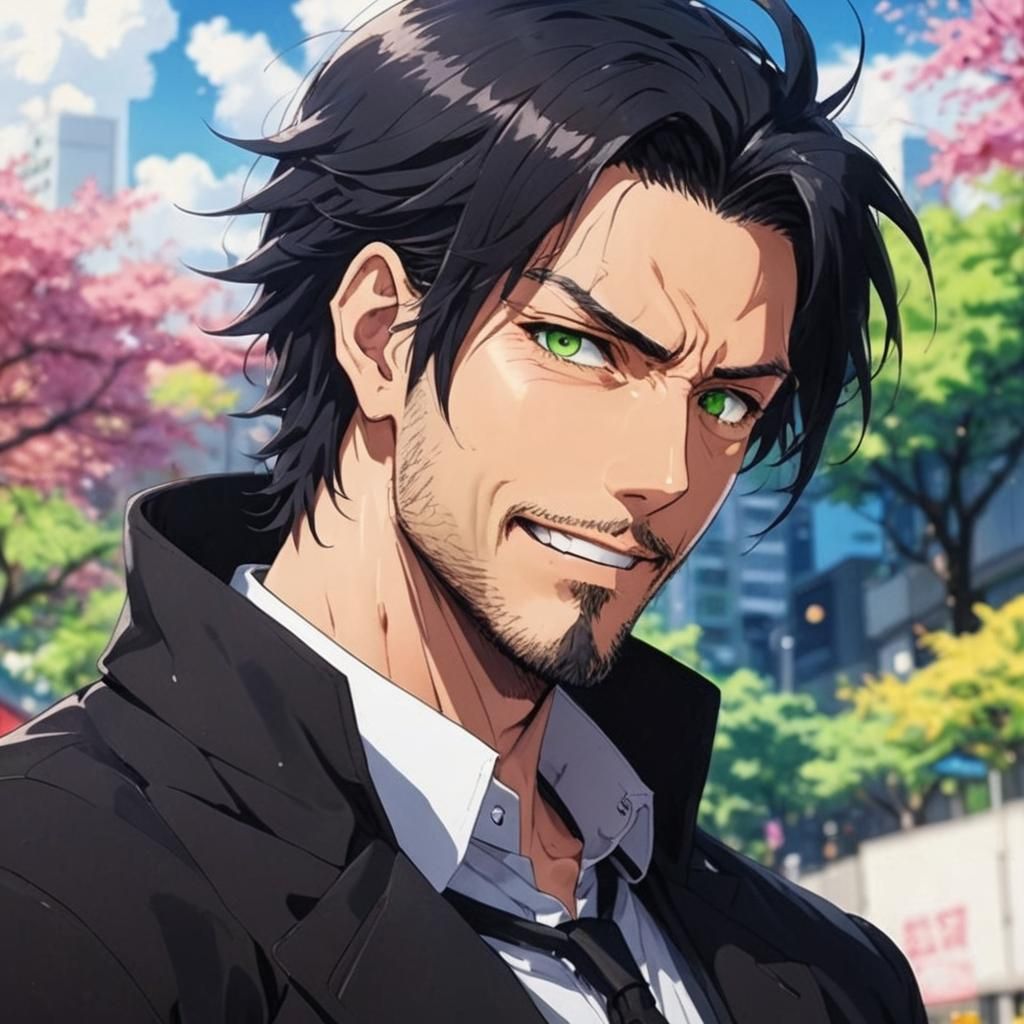 Dashing Anime Gentleman Captured in Vibrant Cityscape