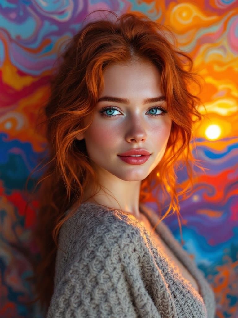 Alluring Irish Woman in Cozy Sweater, Van Gogh Sunset