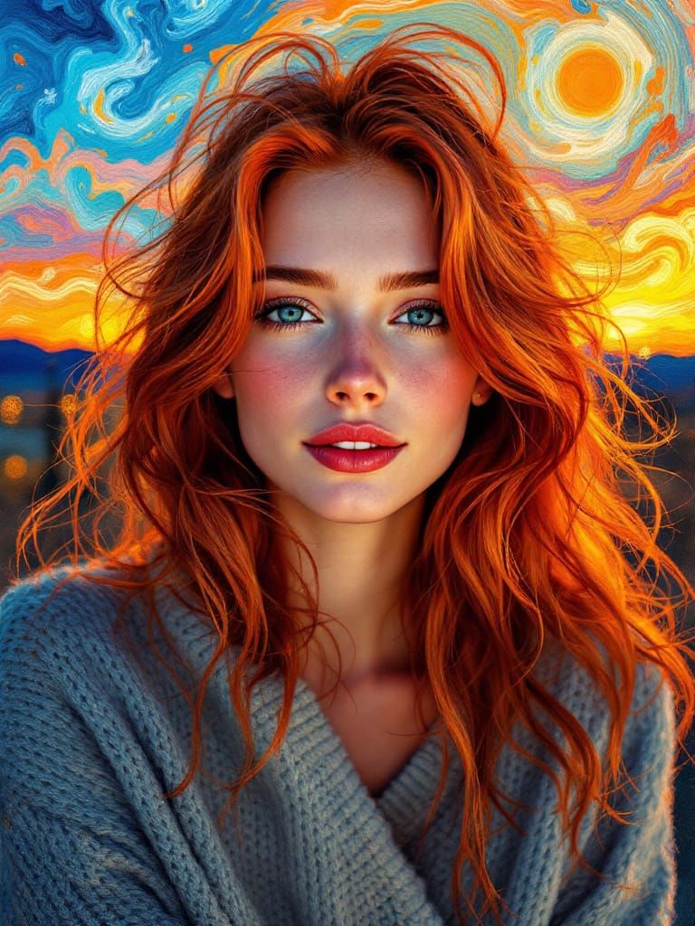 Alluring Irish Woman in Cozy Sweater, Van Gogh Sunset