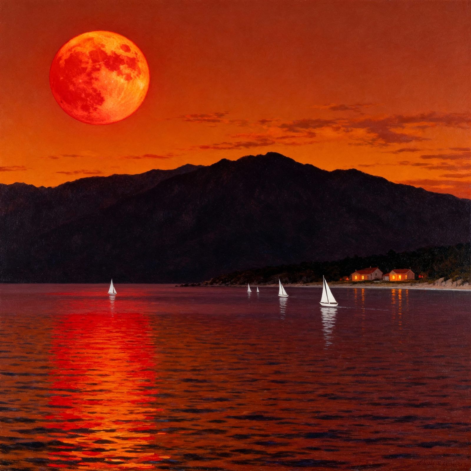 Massive Glowing Red Moon Over Mountain Coastline