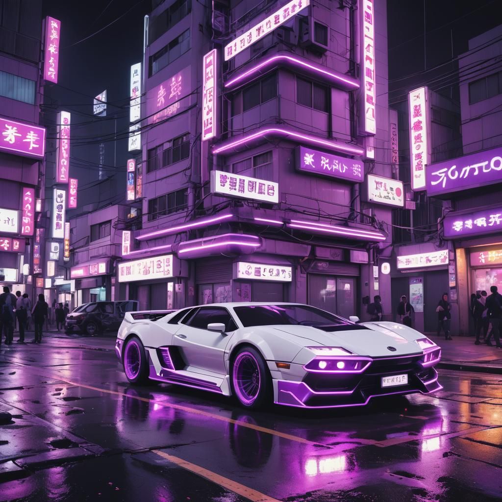 Cyberpunk Car in Neon Japanese Cityscape