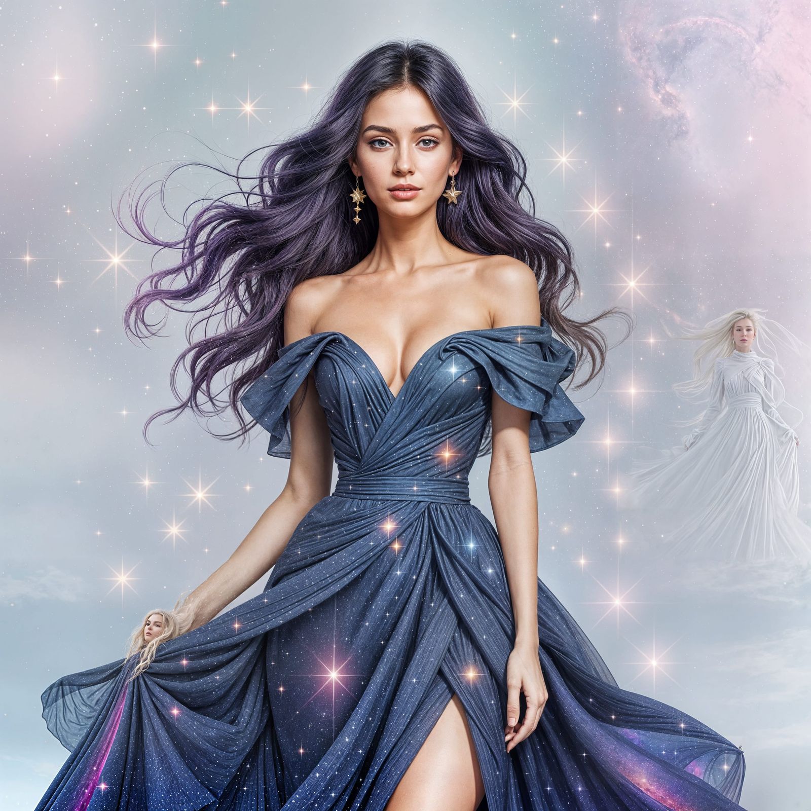 Nebula Dress: Graceful Woman with Starry Hair