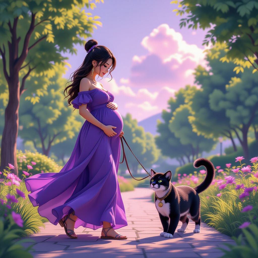 Pregnant Woman Walking Puma in Park, 3D Anime Art
