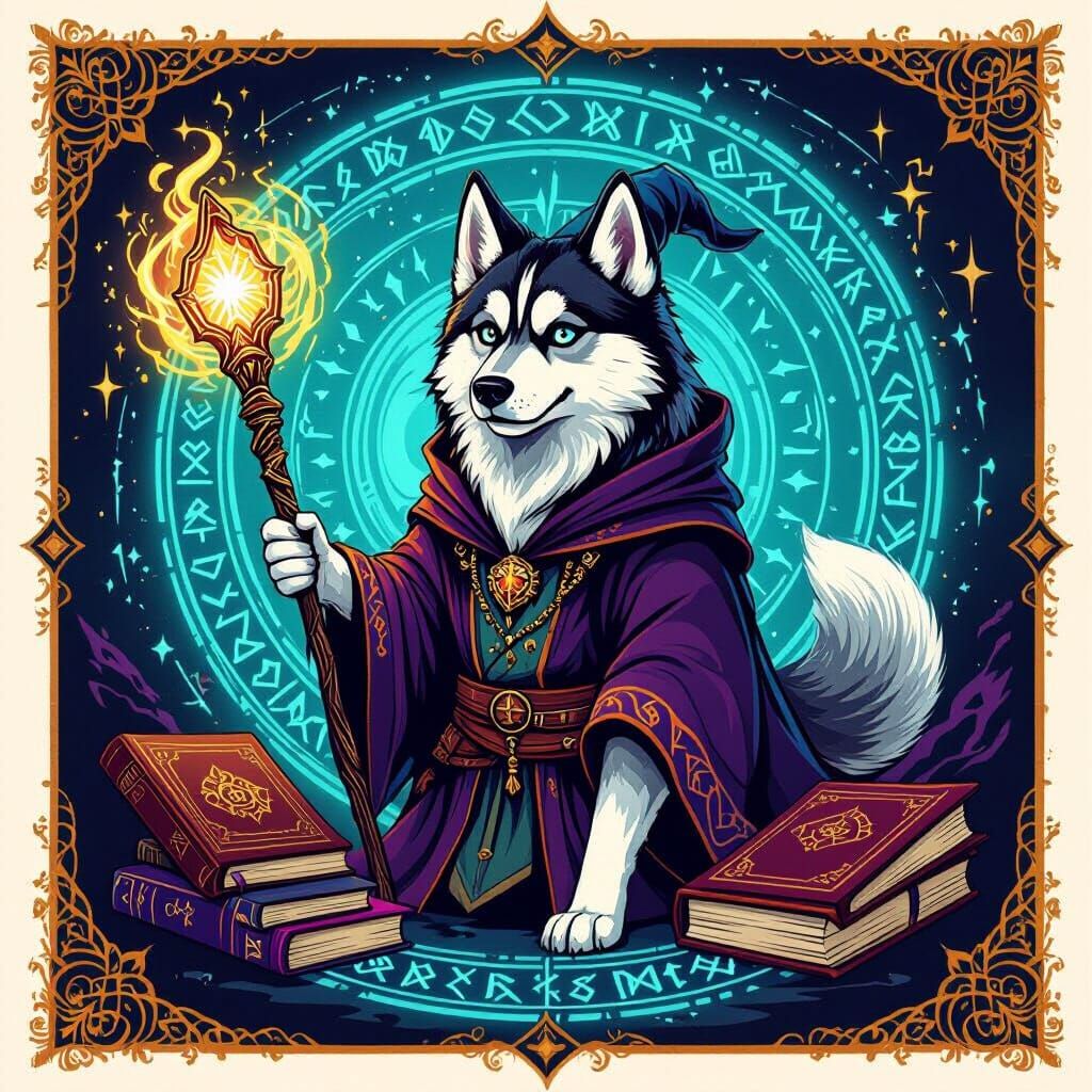 Mystical Wizard Husky with Magical Staff, Fantasy Art