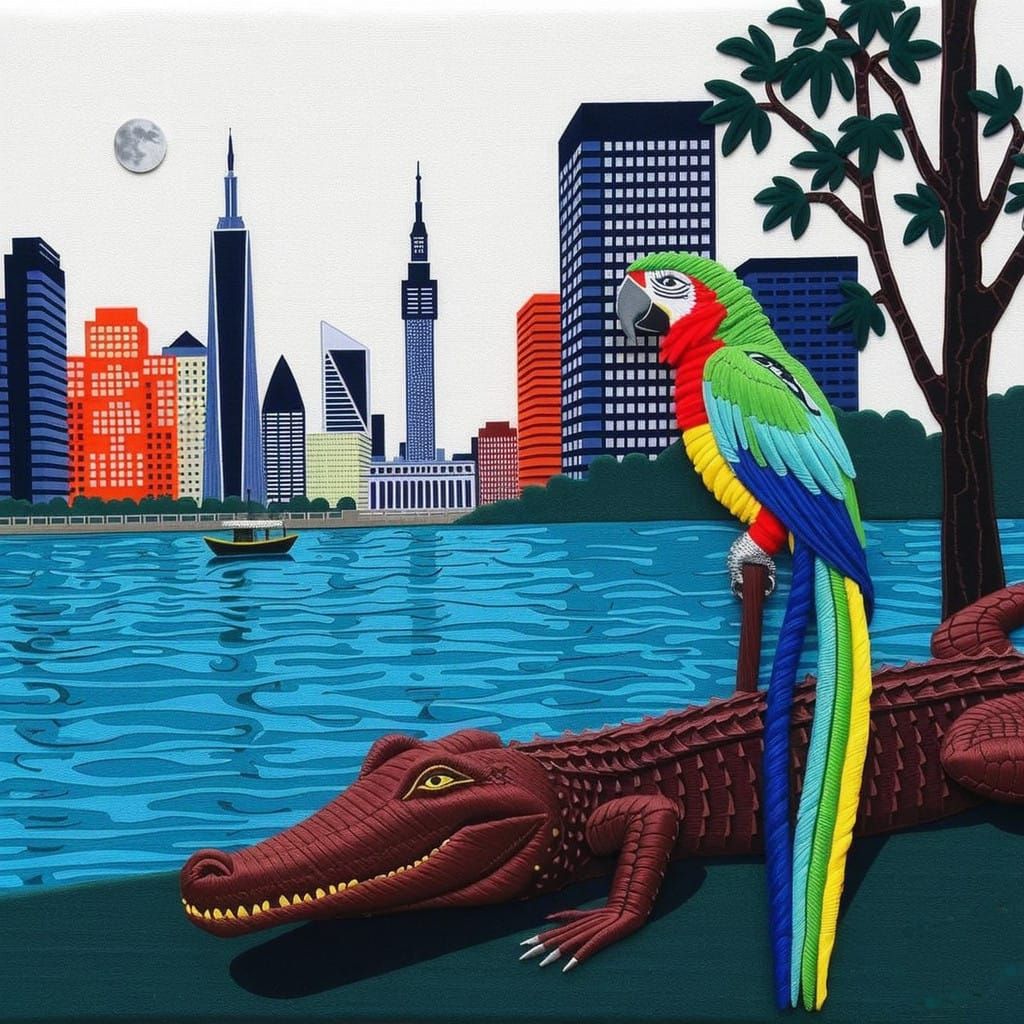 Modern Suminagashi Cityscape with Wildlife