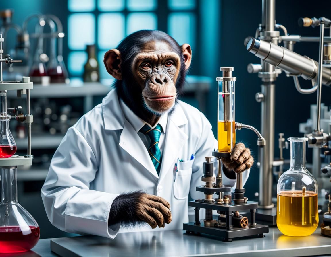 Chimpanzee Chemist in Steampunk Laboratory