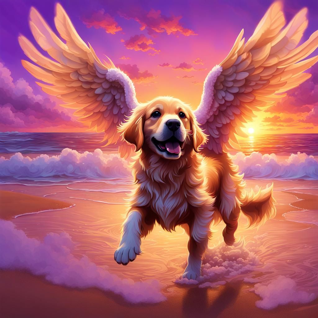 Golden Retriever Puppy with Angel Wings at Sunset