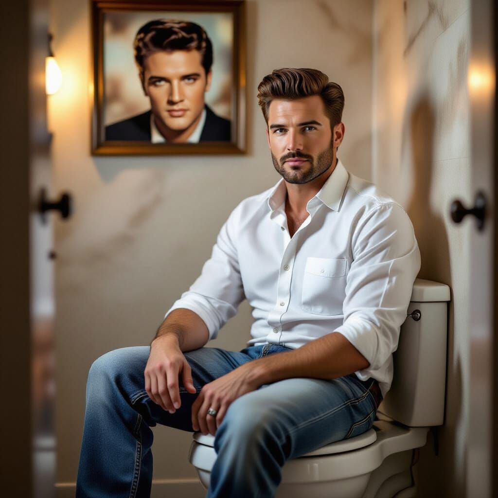 Man on Toilet with Elvis Picture in Natural Lighting