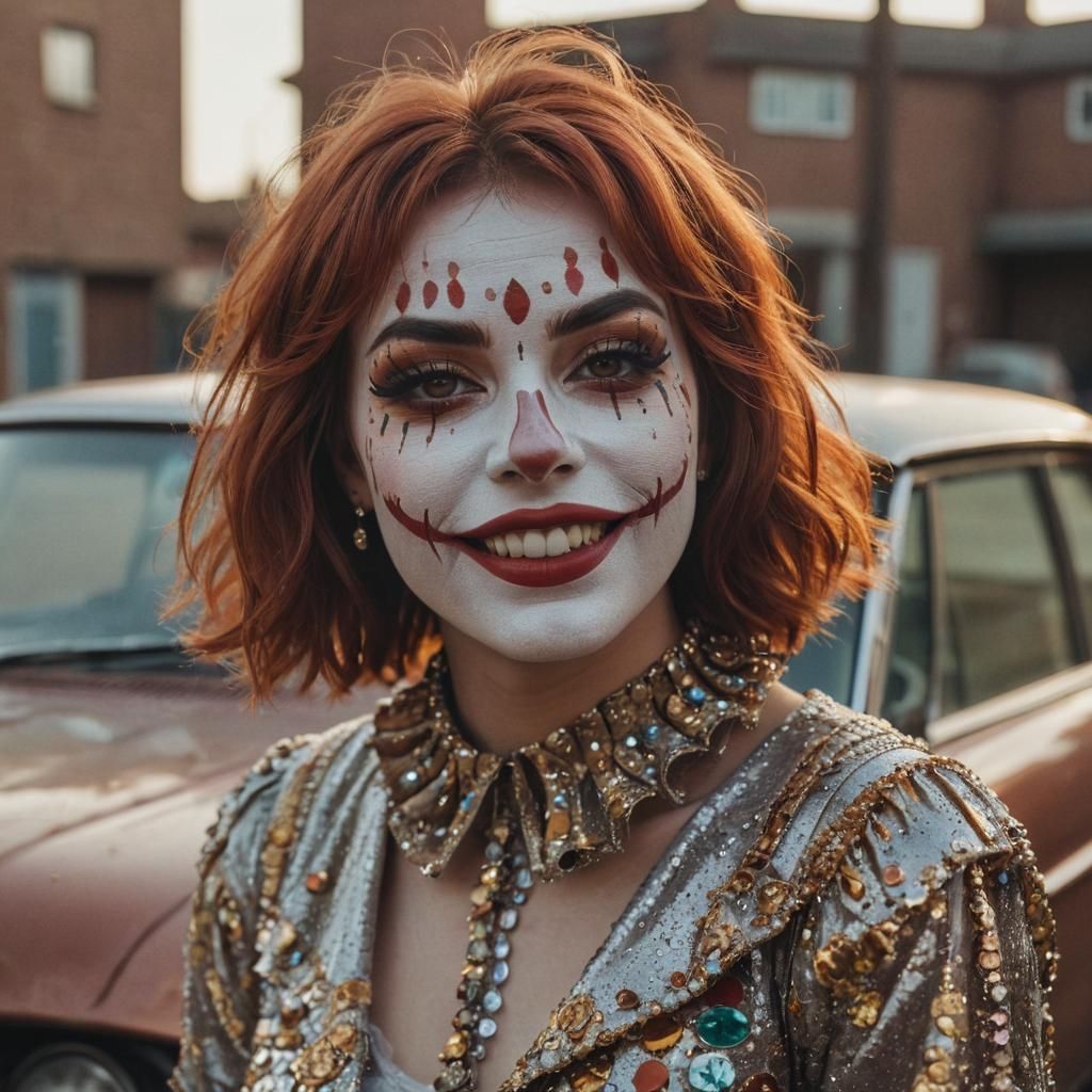 Clown Portrait with Classic Car in Golden Light