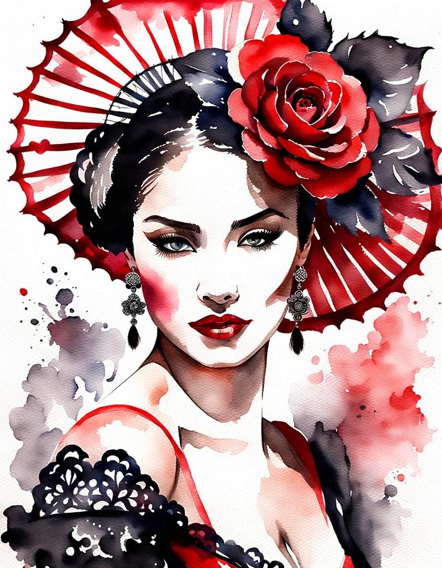 Exotic Flamenco Dancer in Red and Black Aquarel