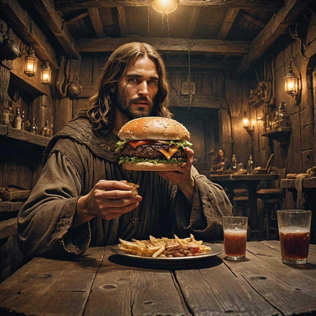 Jesus Enjoys Burger in Tavern, Dark Fantasy Art
