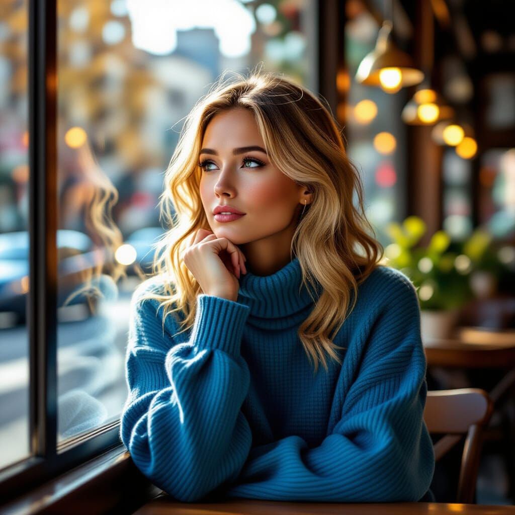 Contemplative Woman in Cafe Window, Autumn Cityscape