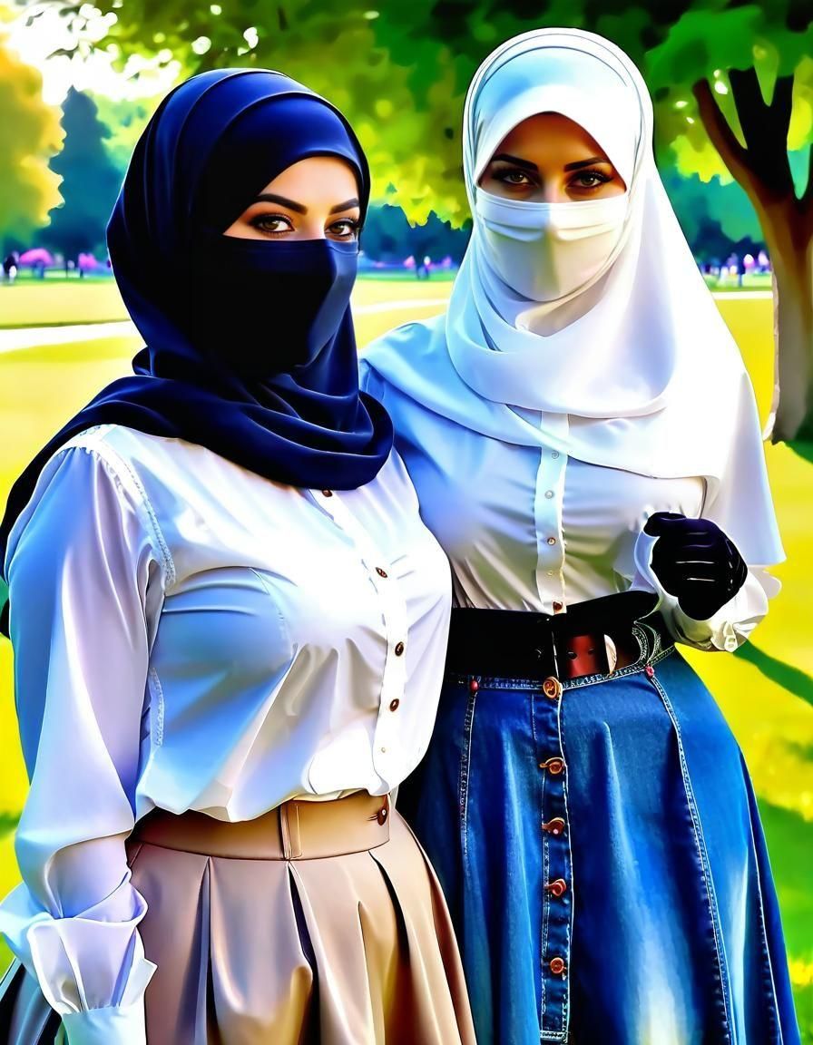 Niqabi Teachers in Park, Watercolor Painting