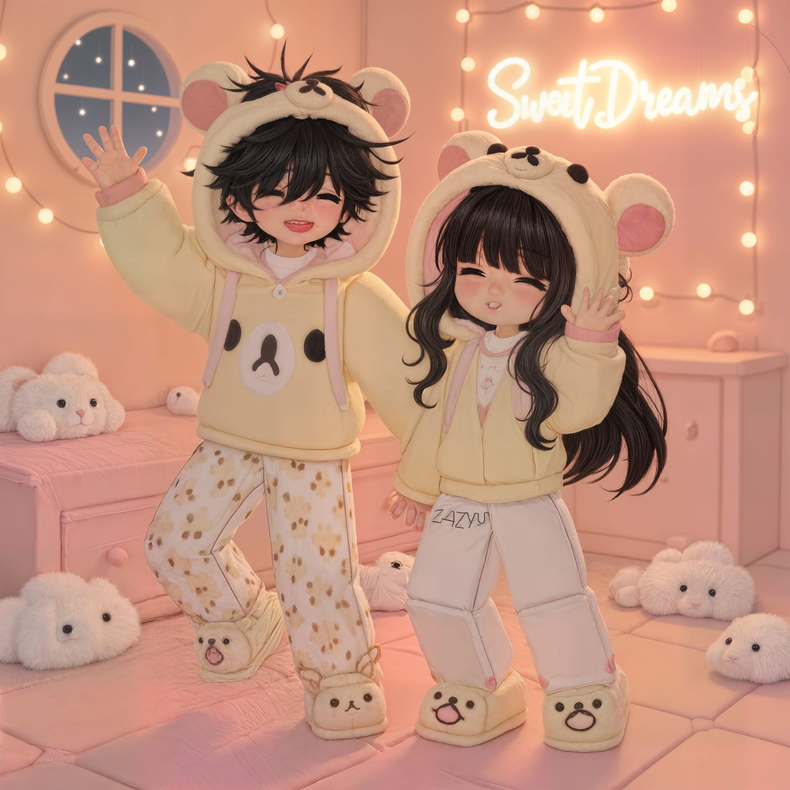 Anime Couple in Bear Hoodies in Pastel Bedroom