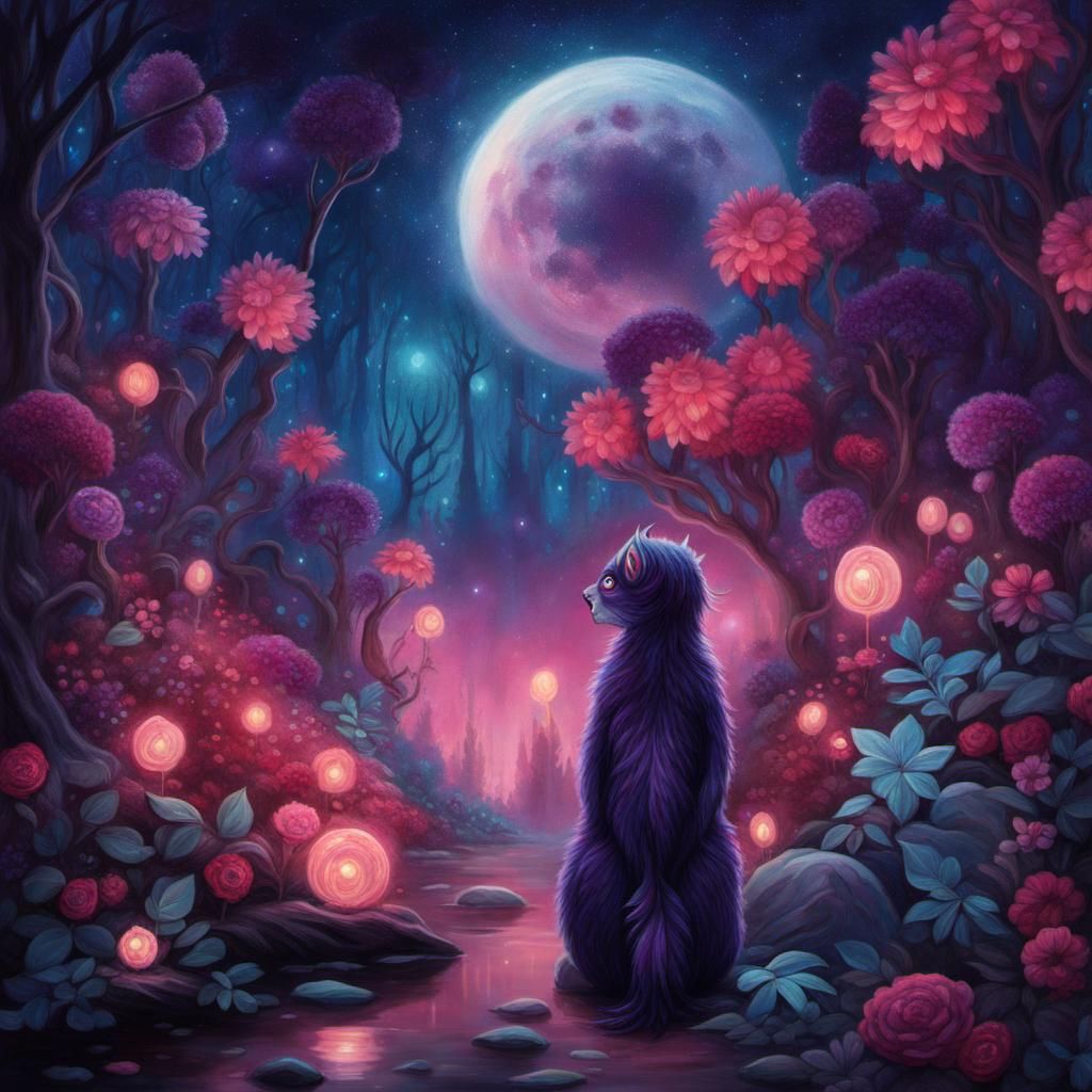 Adorable Monster in Eerie Forest, Impasto Painting