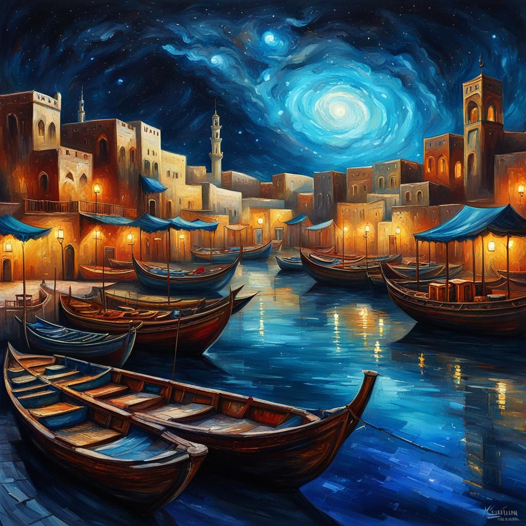 Arabian Port with Galaxy Sky in Luminism Style