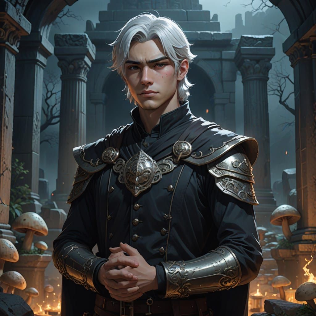 Mysterious Young Hero Stands Vigilant at Ancient Tomb Gates