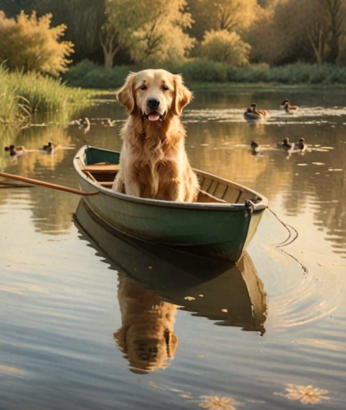 Golden Retriever on Pond in Impressionistic Style