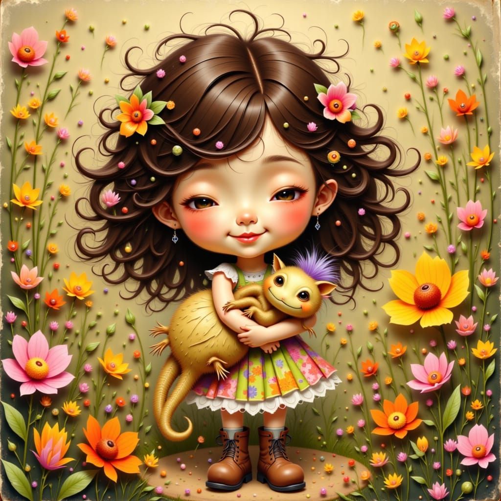 Girl with Axolotl in Beatrix Potter Style