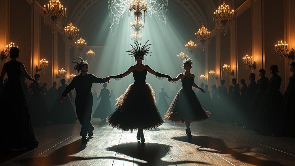 Eerie Masked Waltz in Dimly Lit Ballroom