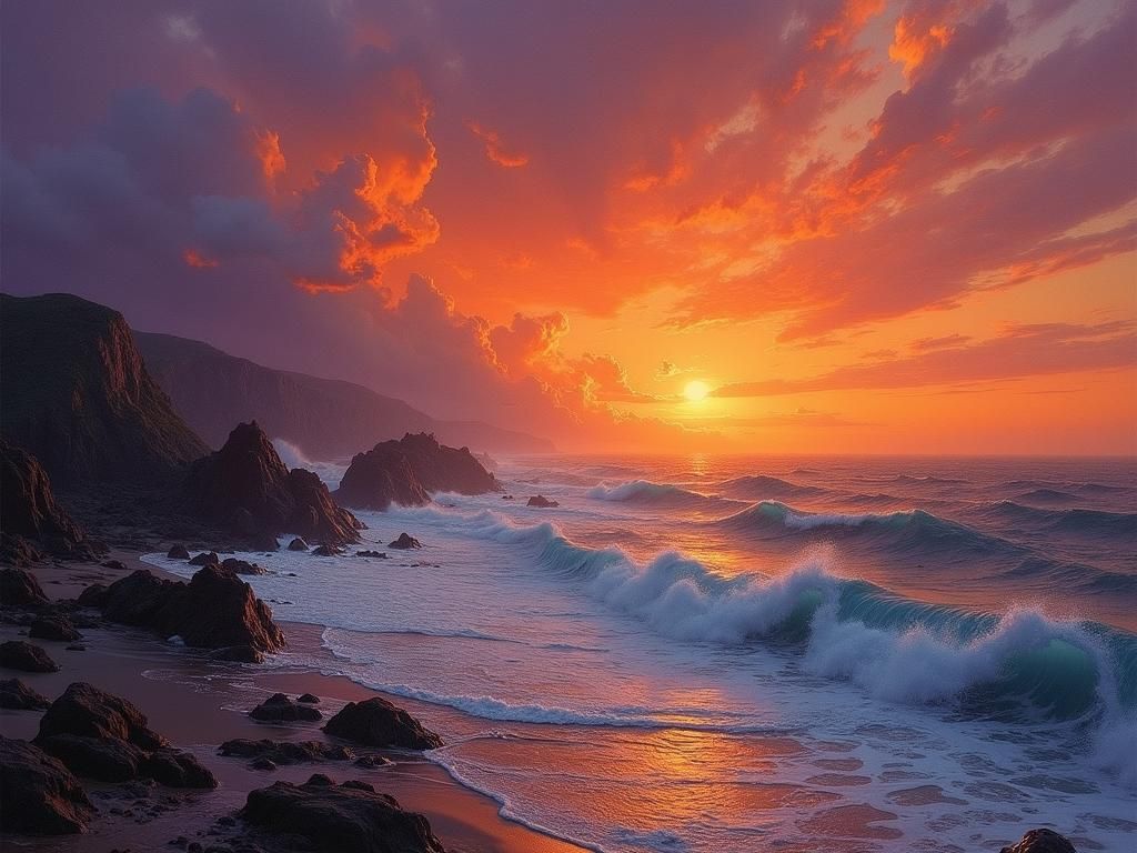 Surreal Sunset Over Rugged Coastline in Dreamlike Style