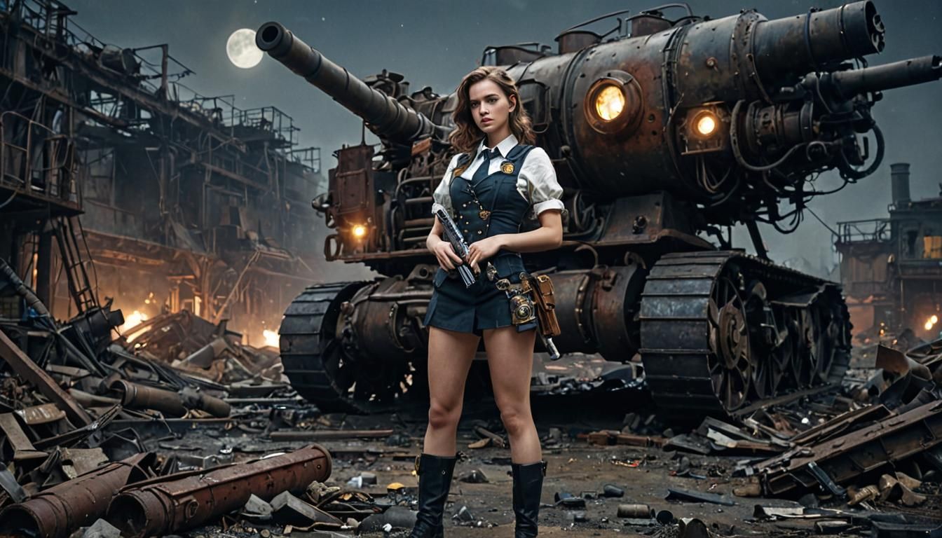 Steampunk Harvester in Ruined Factory with Girl