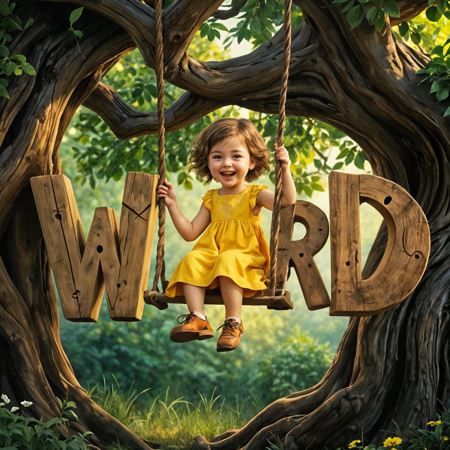 Child on Letter Swing in Dreamlike Setting