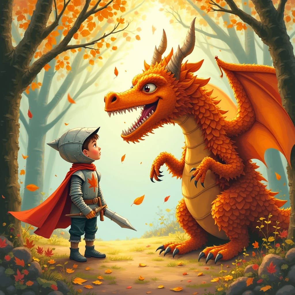 Brave Child Knight Faces Autumn Leaf Dragon