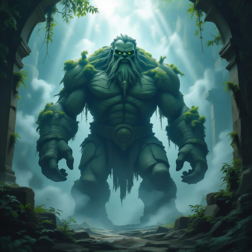 Ancient Stone Golem Guards Mystical Ruin in Dark Fantasy Sty...